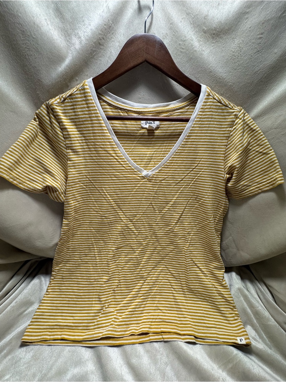 Pact Women’s Medium Organic Cotton Mustard & White Striped V-Neck Tee Shirt